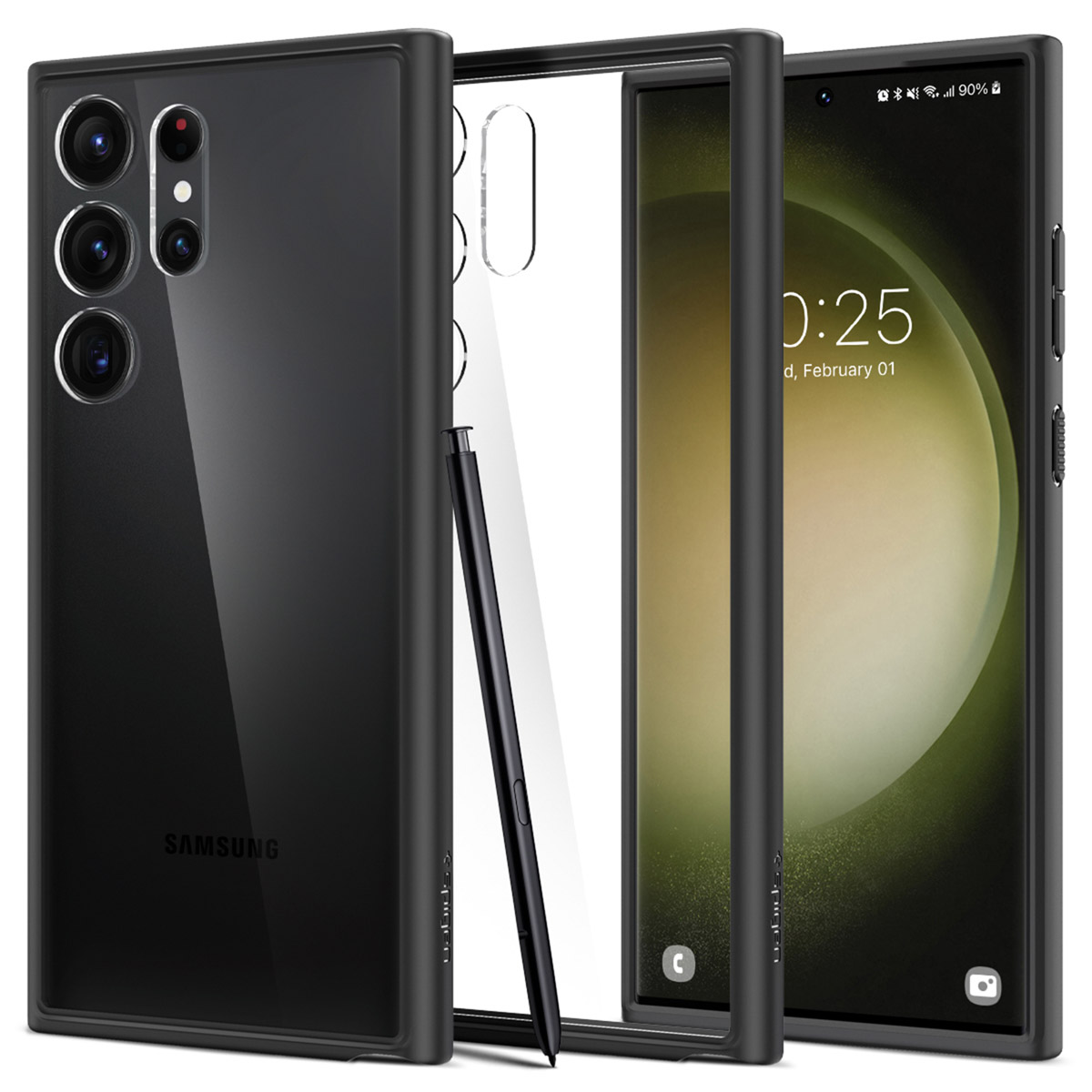 Schwarze Handyhülle mit Telefon, Displayschutzfolie und Eingabestift werden angezeigt.
