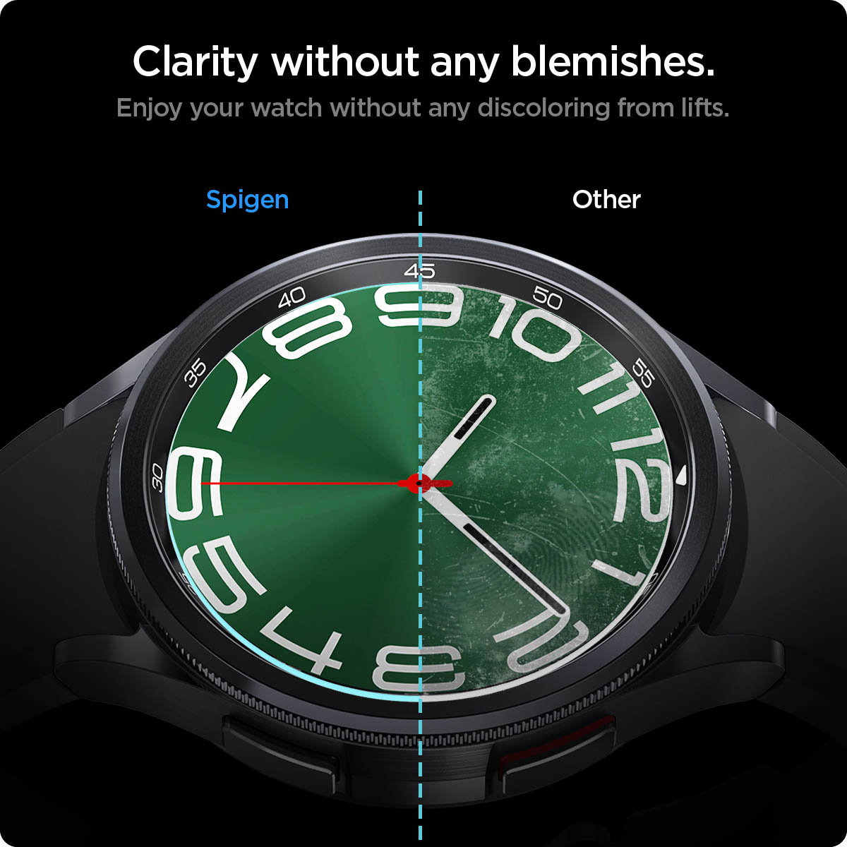 Smartwatch-wijzerplaat met groen display. Tekst toont “Spigen” vs. “Ander”. Toont helderheid van het display.