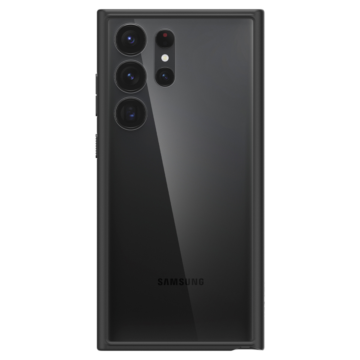 Schwarze Handyhülle mit glänzender Rückseite, zeigt die Kameralinsen und das Samsung-Logo.