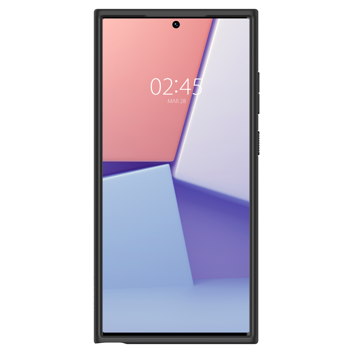 Smartphone-Bildschirm mit farbenfroher Oberfläche, Uhrzeit und Datum. Das Telefon ist in einem Case.