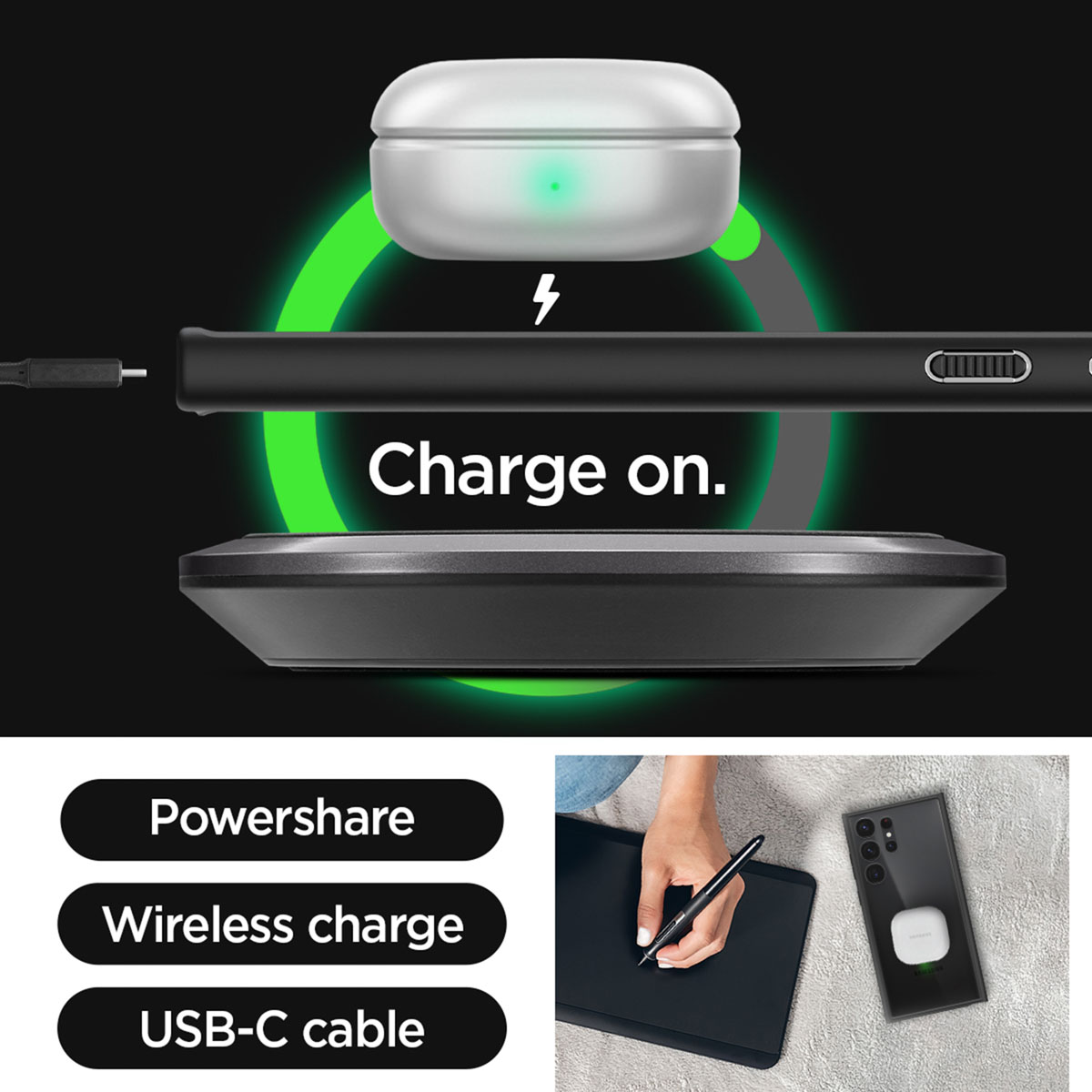 Kabelloses Ladesetup mit Telefon, Ladegerät und AirPods-Etui, mit dem Text 'Charge on'.
