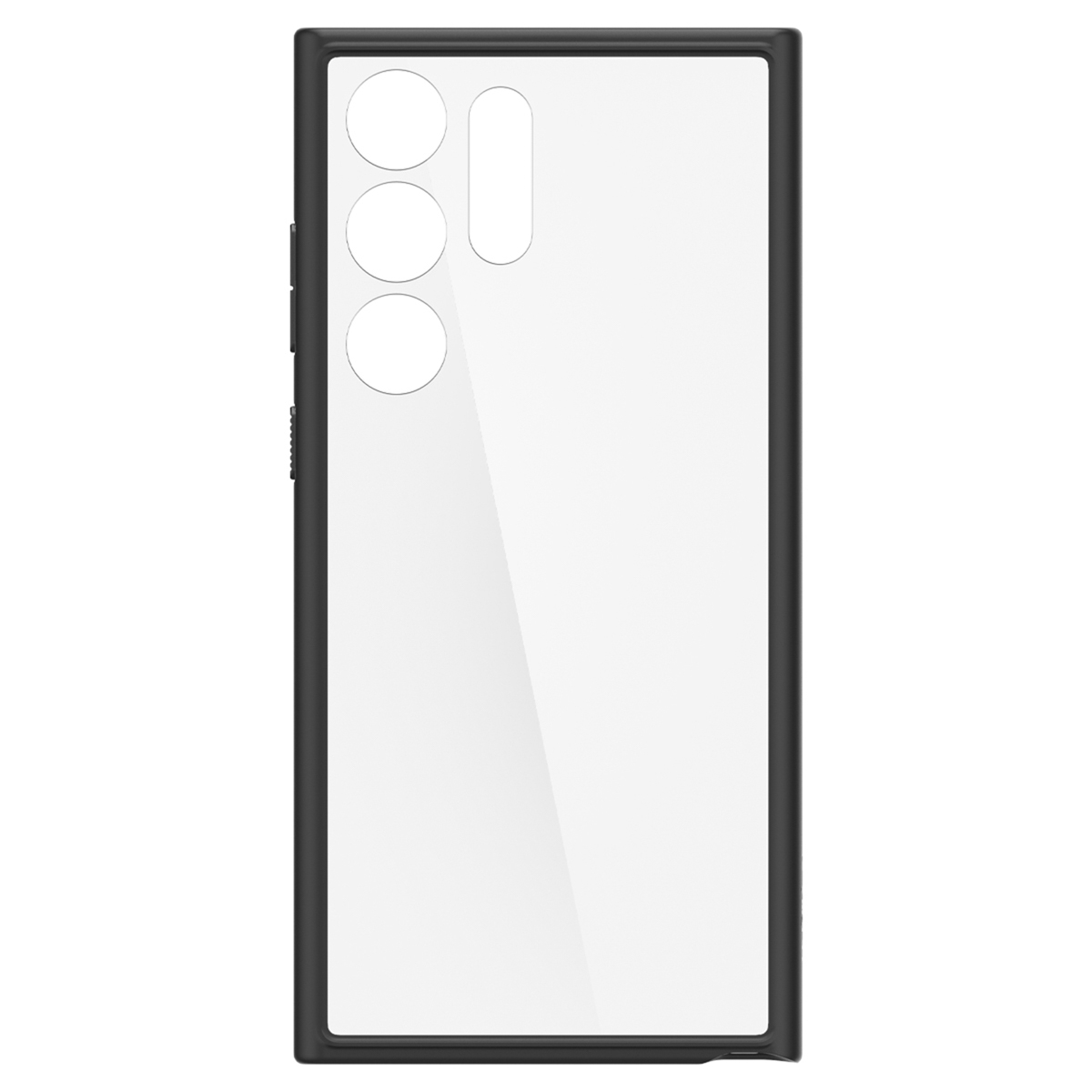Schwarze Handyhülle mit Kameraausschnitten. Transparente Rückseite.