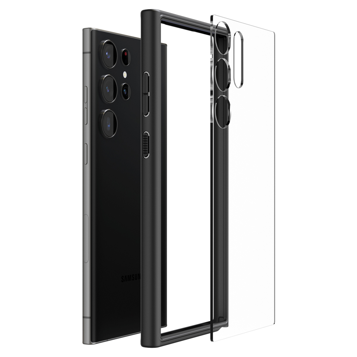 Telefon mit Hülle und Displayschutzfolie, zeigt mehrere Kameras.