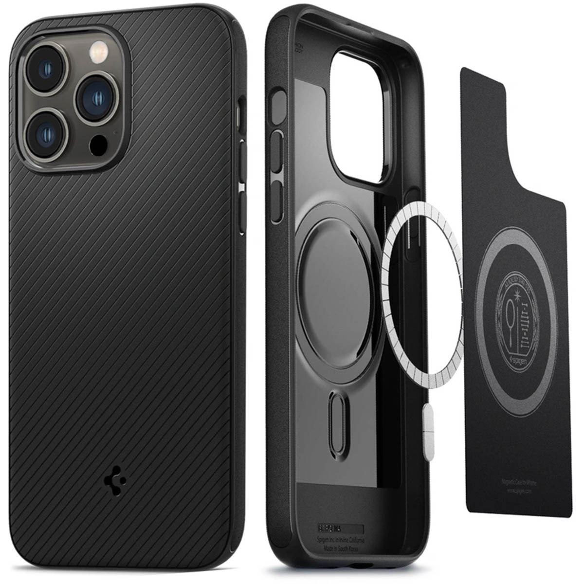 Custodia nera con anello magnetico. Componenti mostrati separatamente. La custodia è per un telefono.