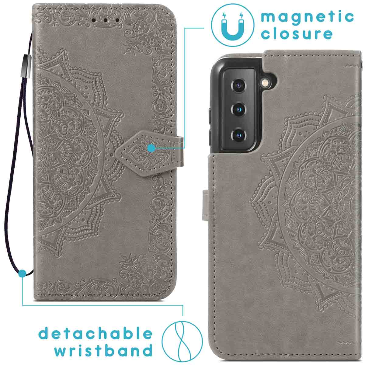 Grijze telefoonhoes met een mandala-ontwerp en een afneembare polsband, met een telefoon.