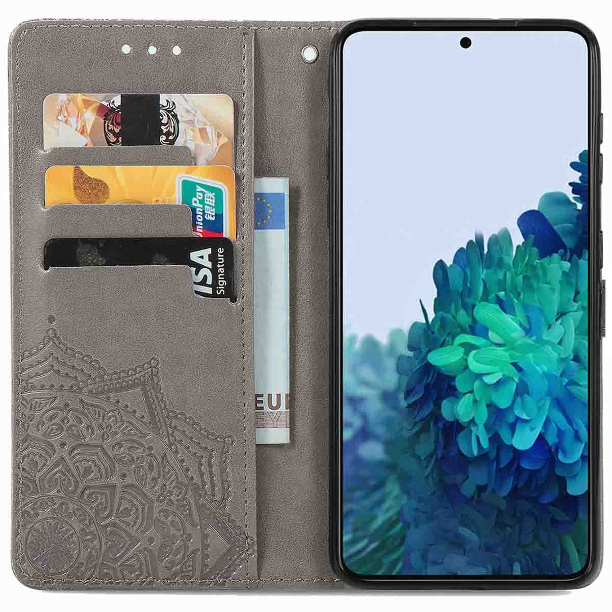 Grijze telefoonhoes met kaartsleuven, een telefoon met scherm en een mandala-ontwerp.
