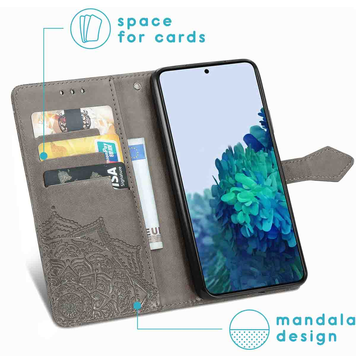 Grijze telefoonhoes portemonnee, met kaarten en geld erin. Telefoon ook erin.