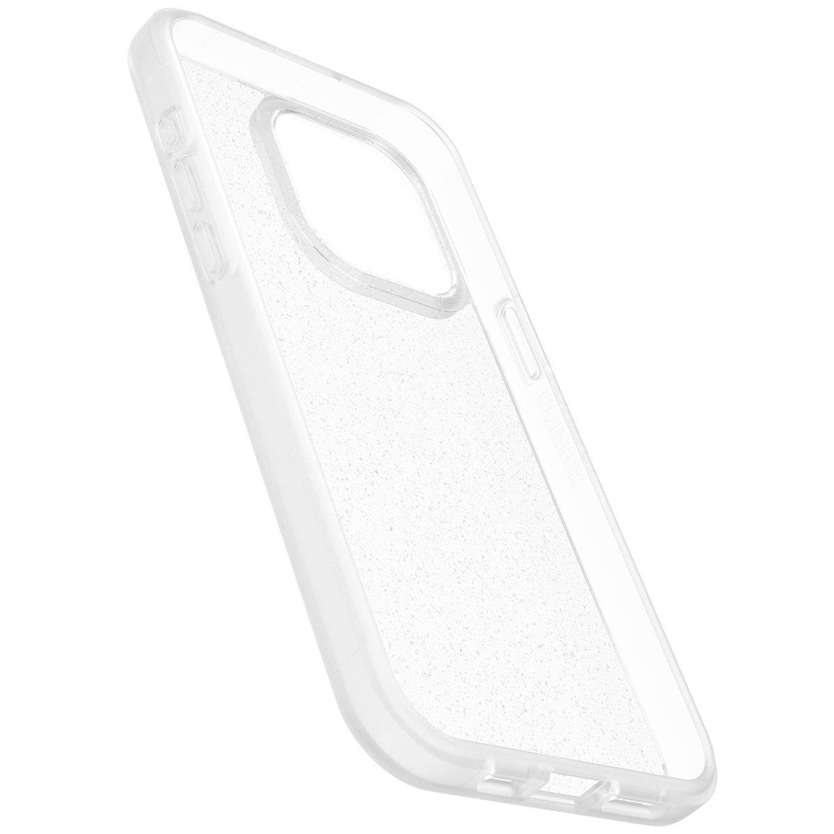 Coque de téléphone transparente, vue en angle. Montre la découpe de la caméra et les boutons latéraux. Plastique clair.
