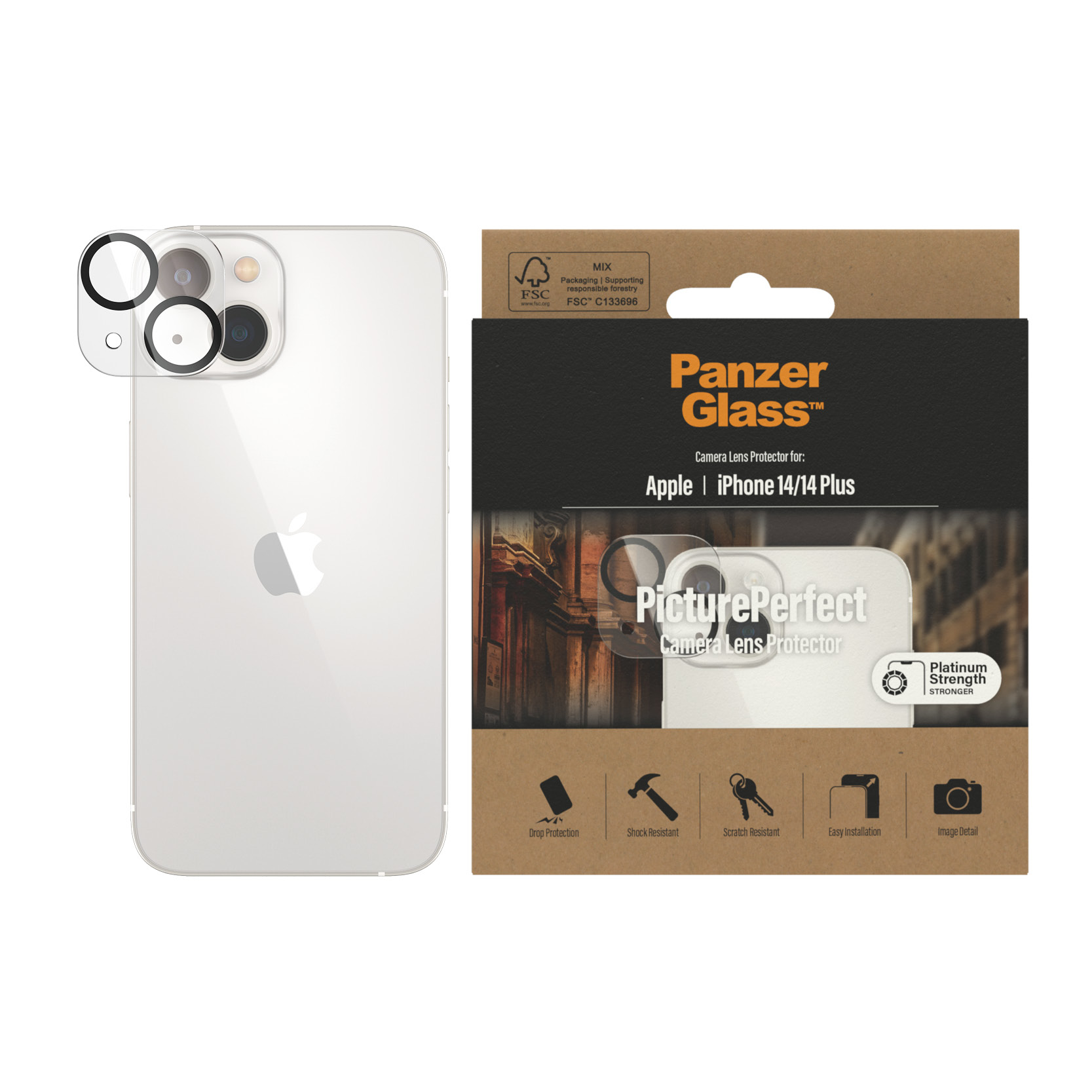 Protector de lente de cámara con teléfono blanco y embalaje. Muestra los protectores.
