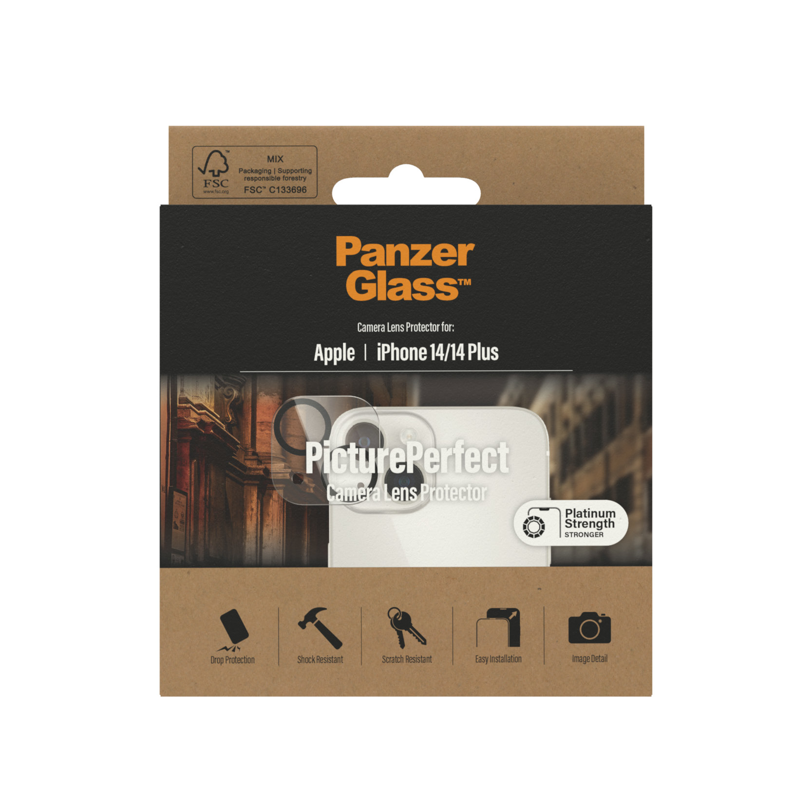 Embalaje de un protector de pantalla. Dice 'PicturePerfect Camera Lens Protector'.