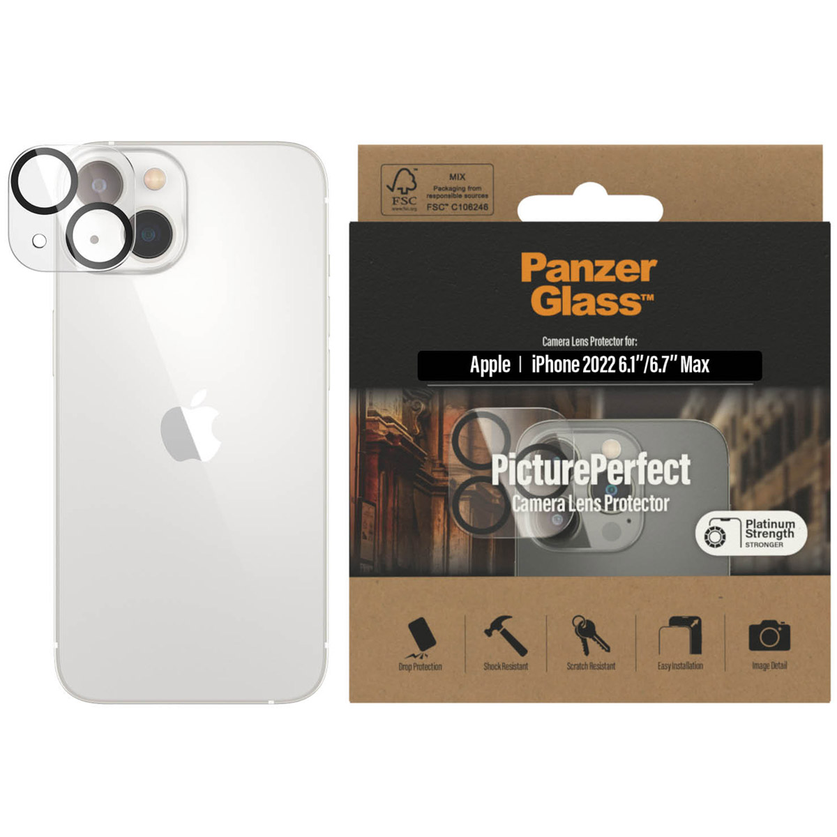 Protectores de lente de cámara para iPhone y una caja PanzerGlass. Se ve un protector de lente transparente.