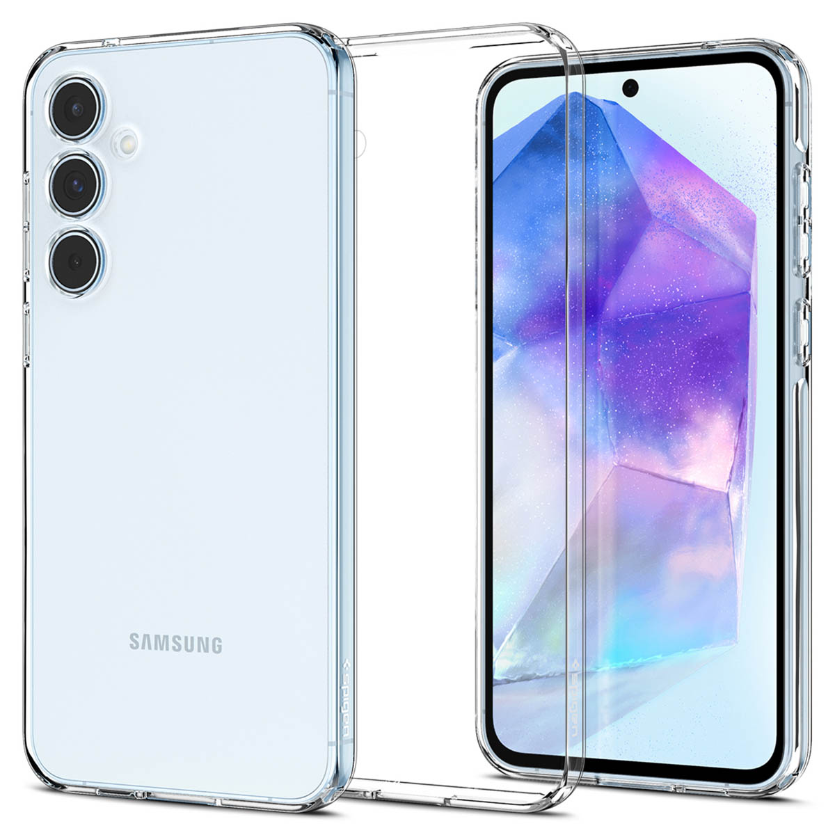 Coque de téléphone transparente sur un téléphone blanc. Trois caméras, aspect transparent.