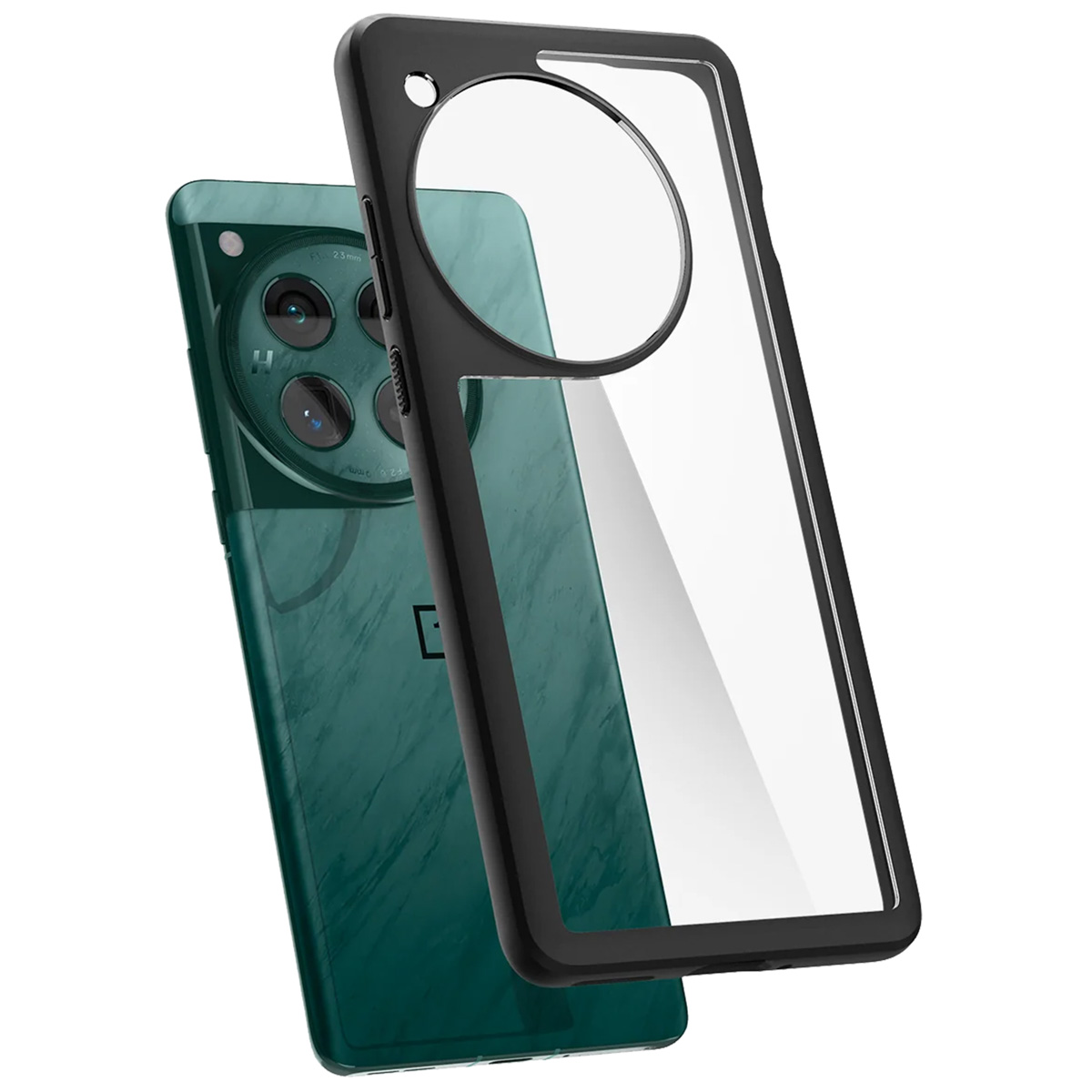 Een telefoon met groene achterkant en een zwarte hoes met een transparante schermbeschermer. Witte achtergrond.