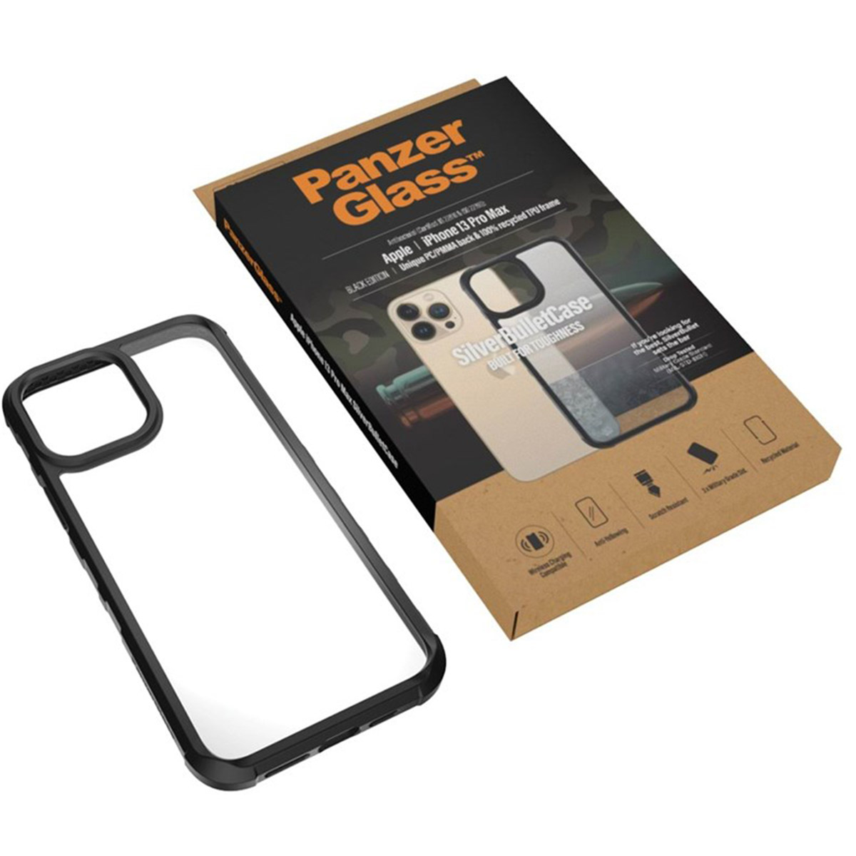 Verpakking van telefoonhoesje met een zwart frame en een telefoon erin.