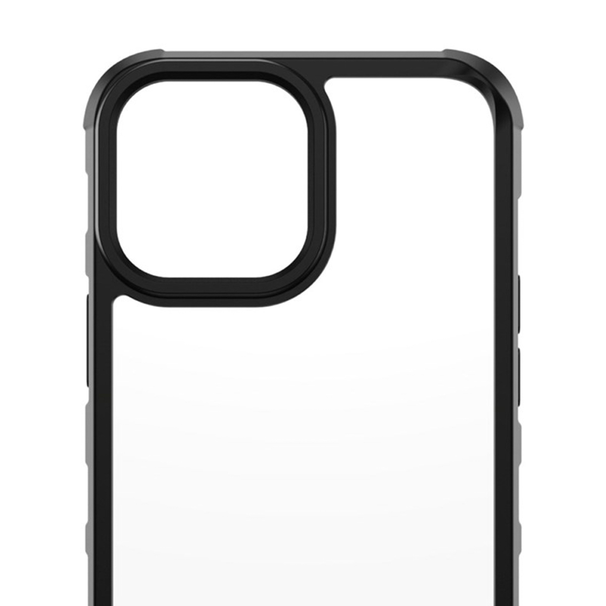 Transparante telefoonhoes met zwarte randen. Een close-up van de bovenrand van de hoes.