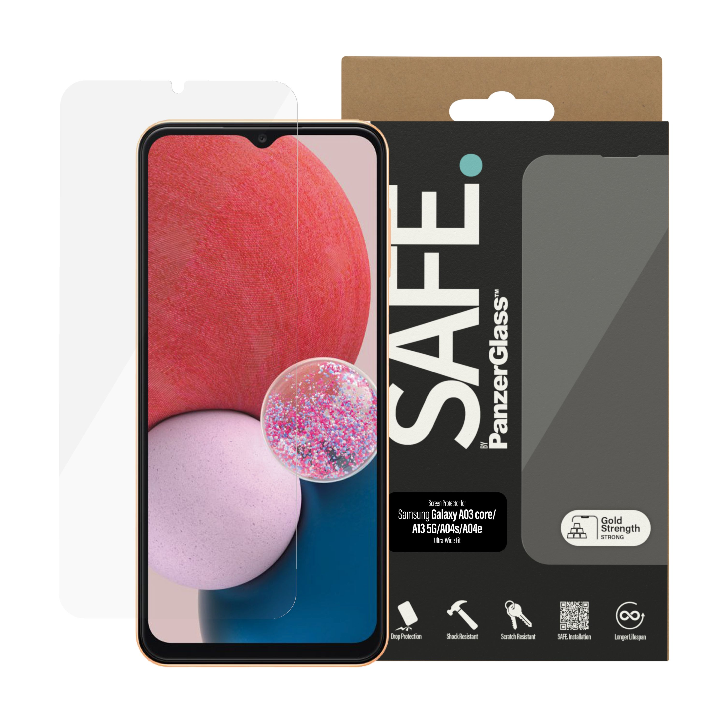 Telefoonschermbeschermerdoos met een telefoon en beschermer, Safe-merkteken.