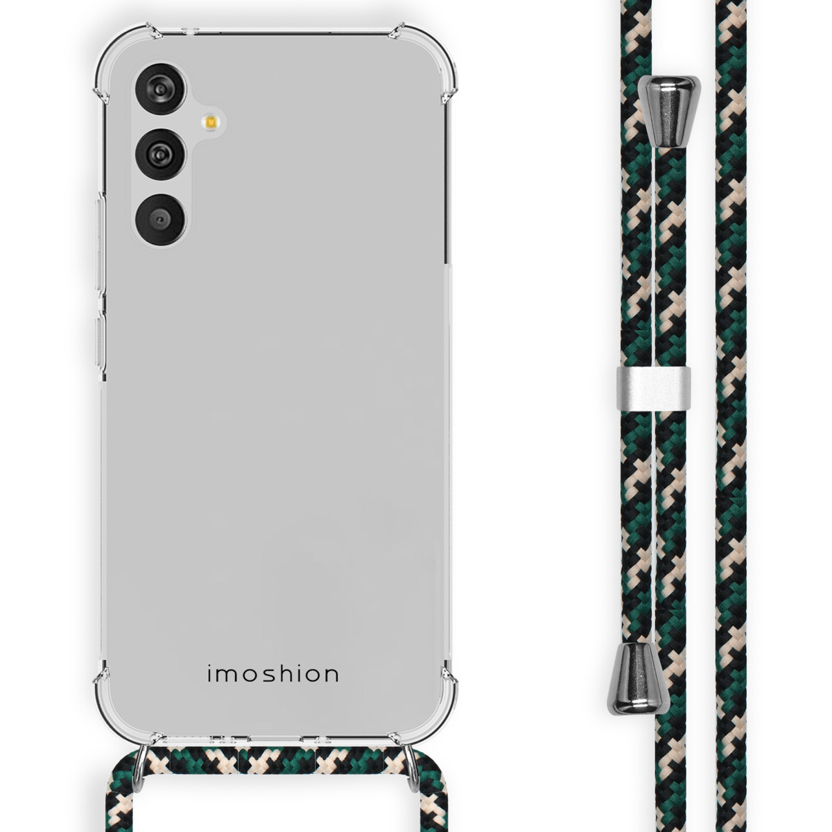 Coque transparente avec lanière verte et noire, téléphone visible.