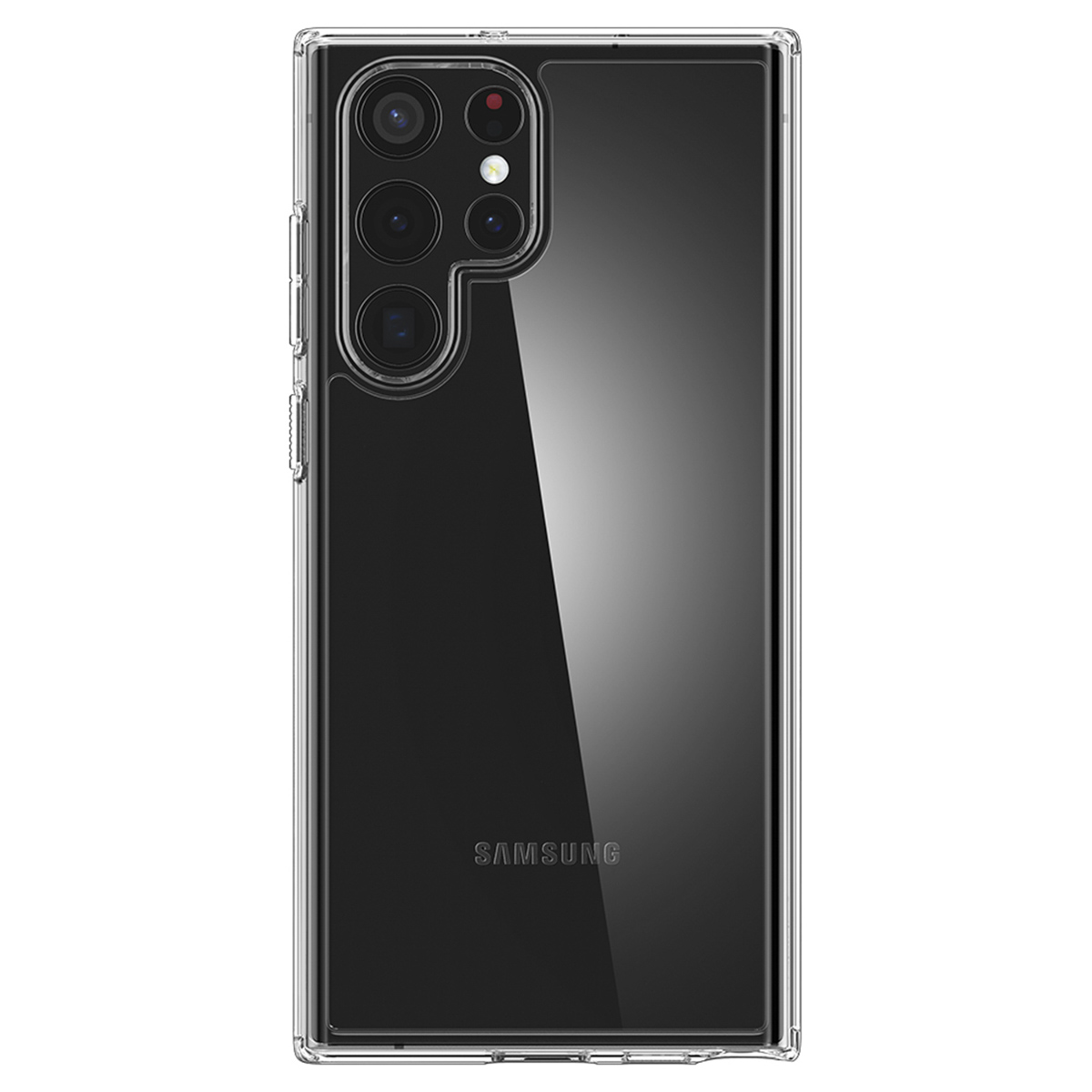 Une coque de téléphone transparente, présentant le système de caméra d'un téléphone, et le logo Samsung est visible.