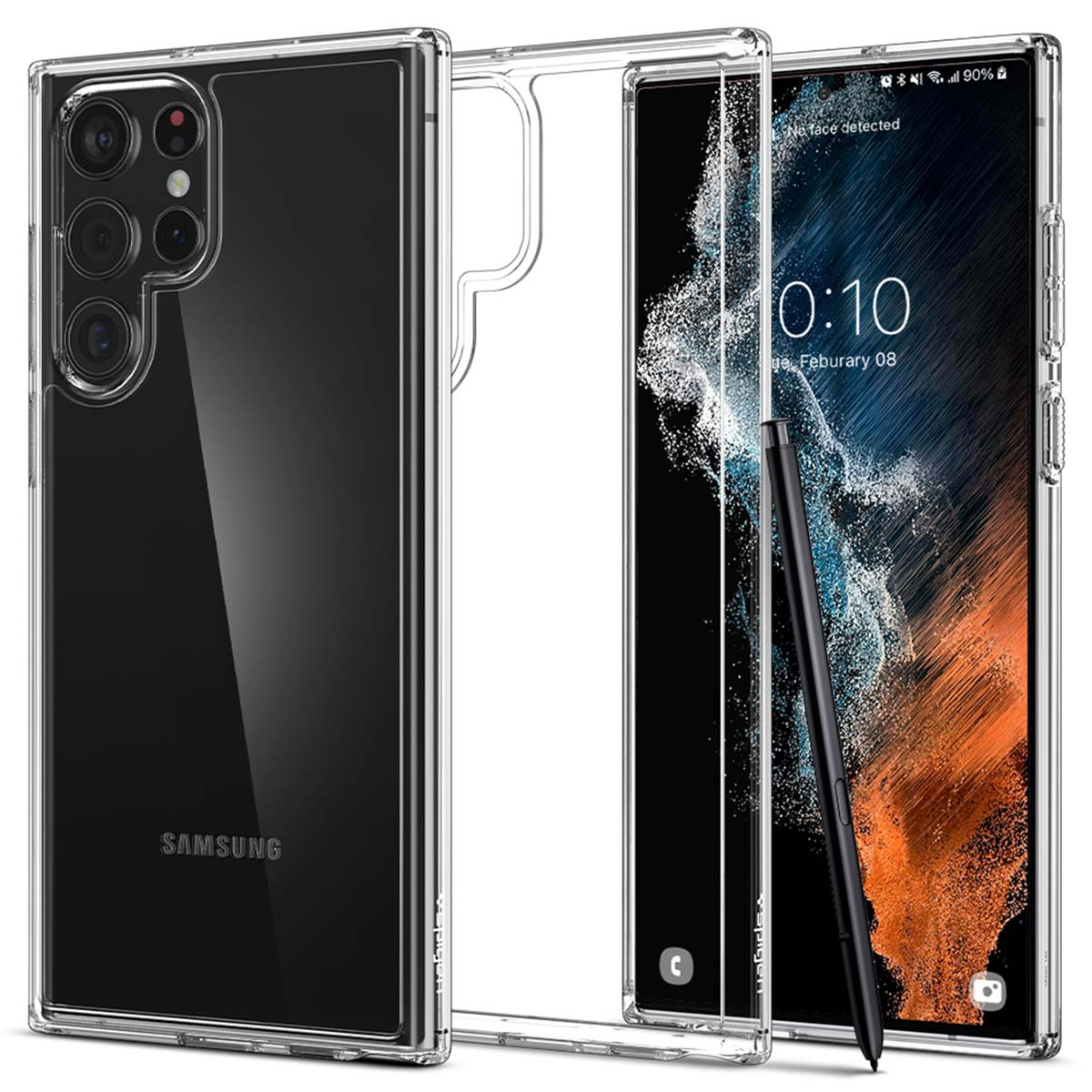 Coque transparente avec un téléphone à l'intérieur, affichant l'écran et un stylet. Fond blanc.