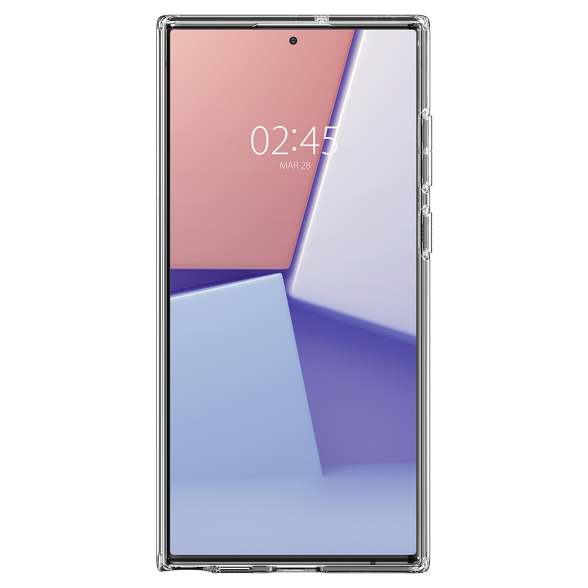 Coque de téléphone transparente avec téléphone. Le téléphone affiche une image abstraite colorée. L'heure est affichée.
