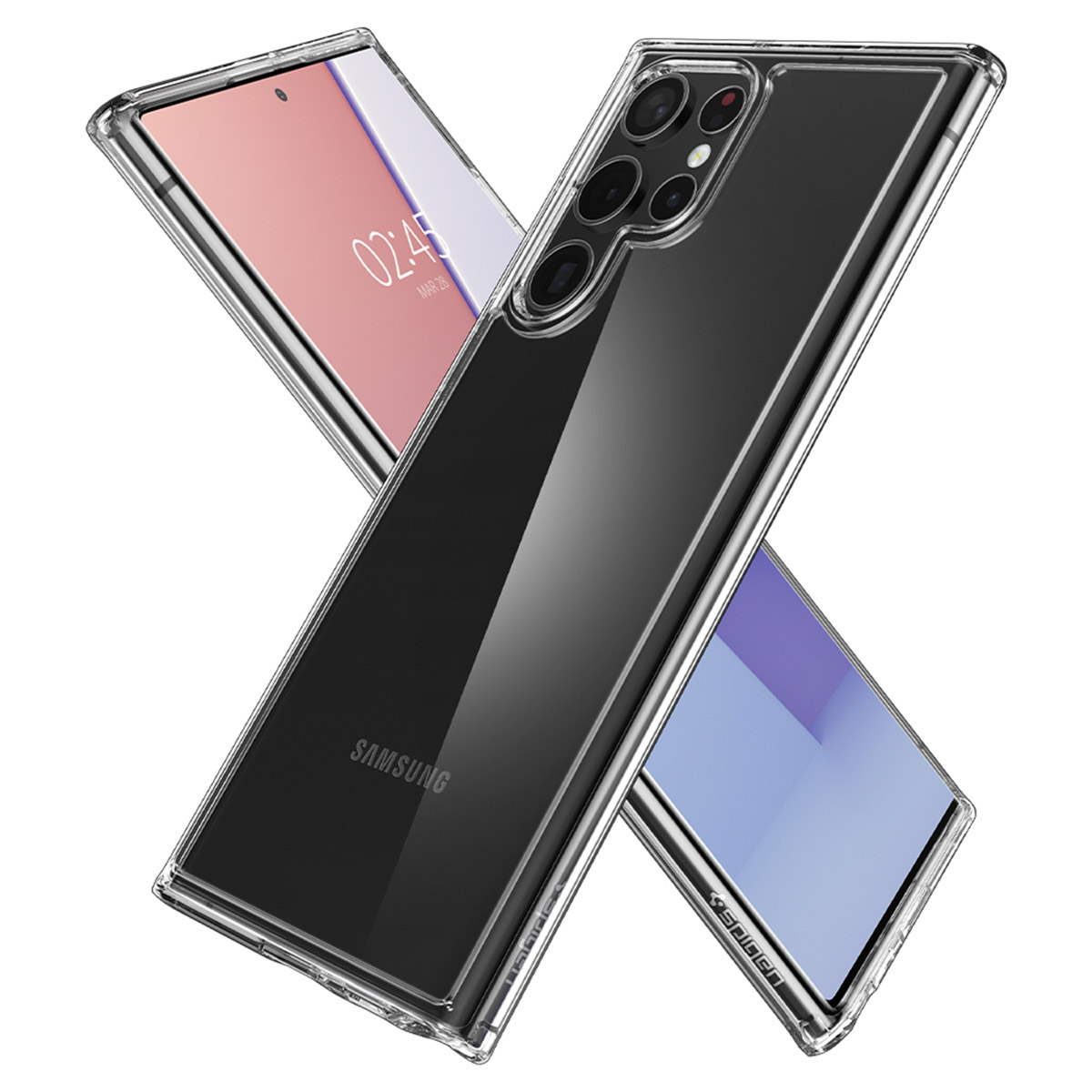 Coque de téléphone transparente sur deux téléphones. Les coques sont transparentes. La marque 'Spigen' est imprimée.