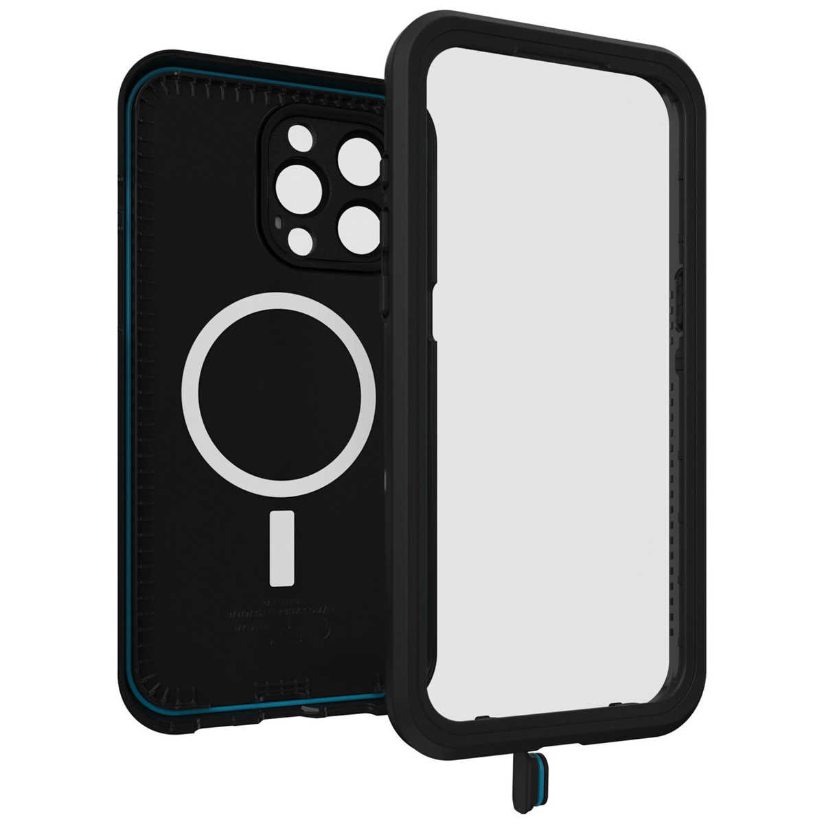 Zwarte telefoonhoes met een doorzichtig venster. De hoes heeft een wit cirkelontwerp op de achterkant.