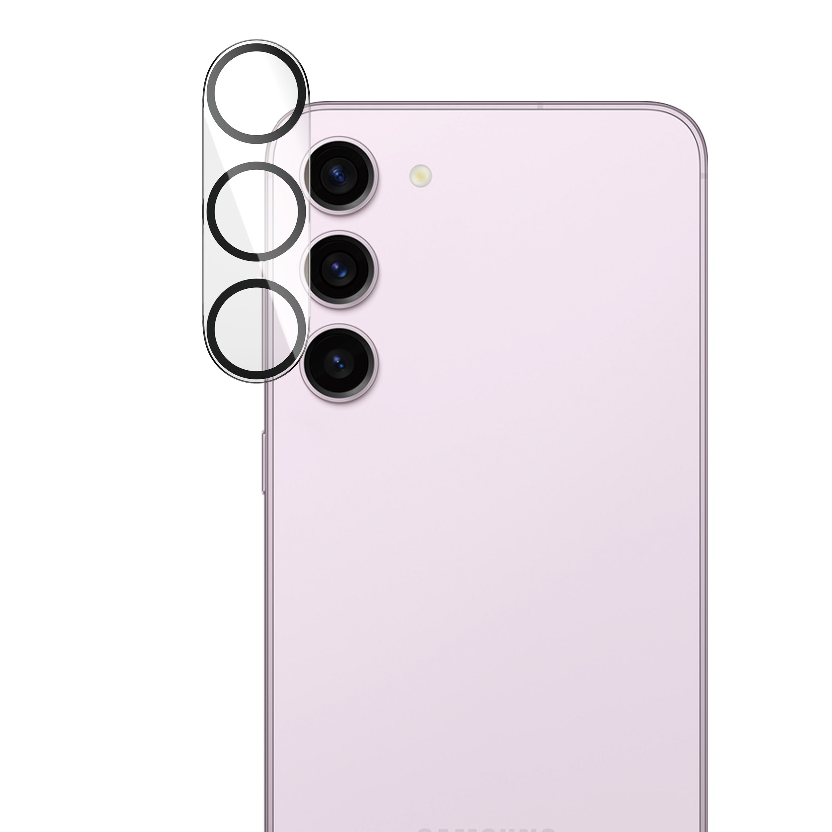 Een telefoonachterkant met drie cameralenzen en lensbeschermers. De telefoon is lichtroze van kleur.