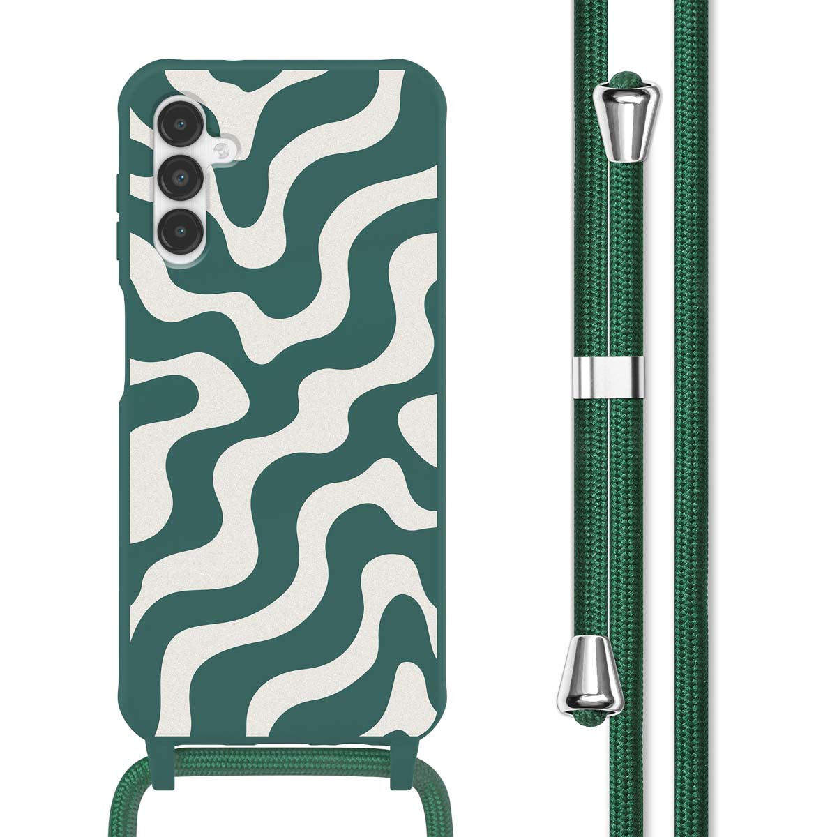 Coque de téléphone verte avec un motif. Fond blanc. Une sangle verte à droite.