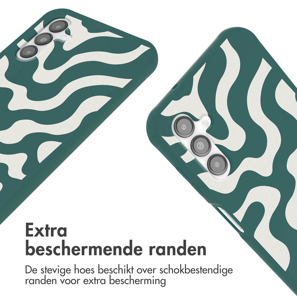 Deux coques de téléphone avec un motif de vagues vertes et blanches. Le texte dit : 'Bords protecteurs supplémentaires'.