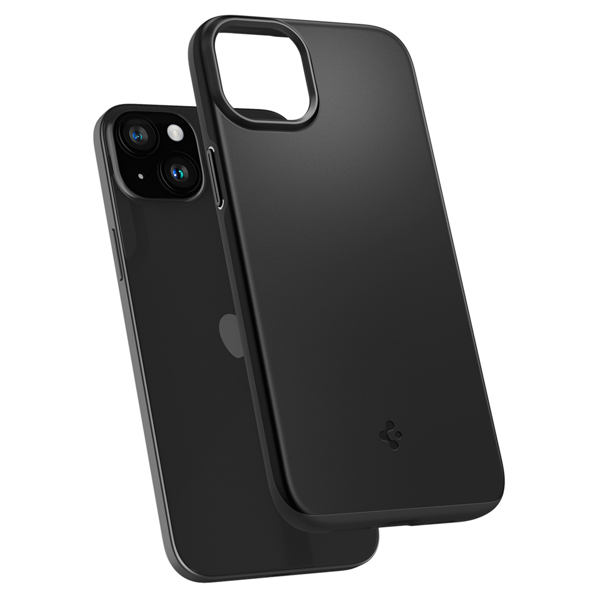 Custodia per telefono nera su sfondo bianco. Due telefoni, uno con la fotocamera rivolta verso l'alto.