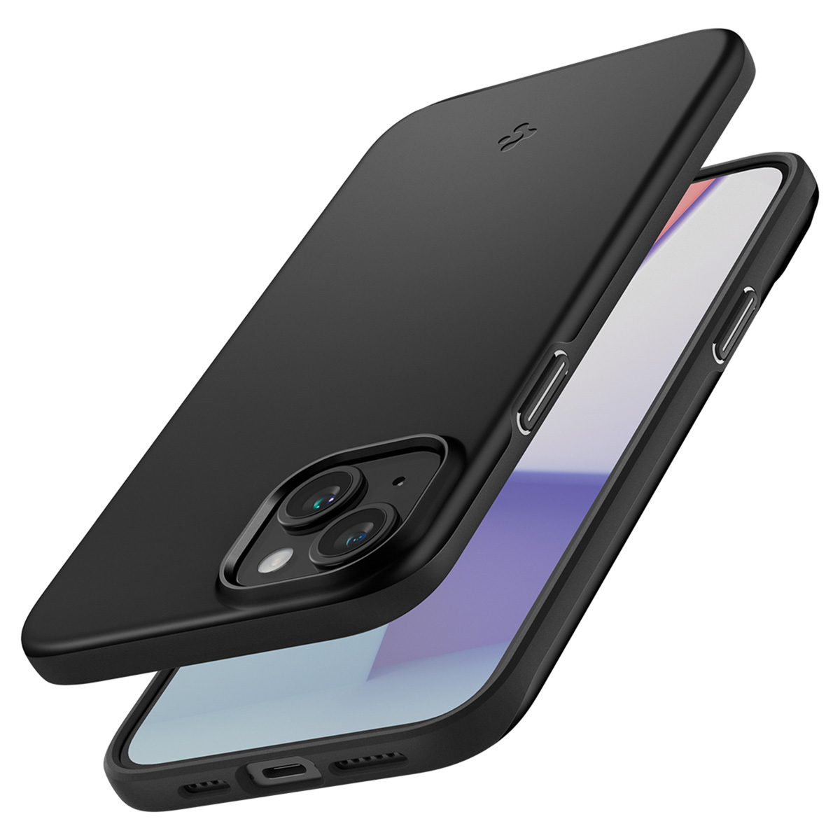 Custodia nera per telefono con bordo rialzato e telefono. La custodia copre il telefono.