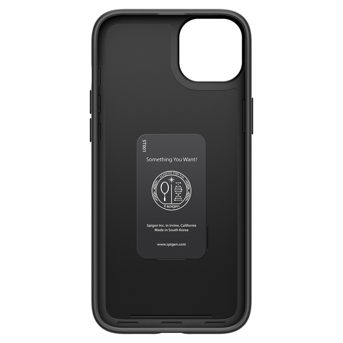 Interno della custodia del telefono nera, con adesivo e logo del marchio.
