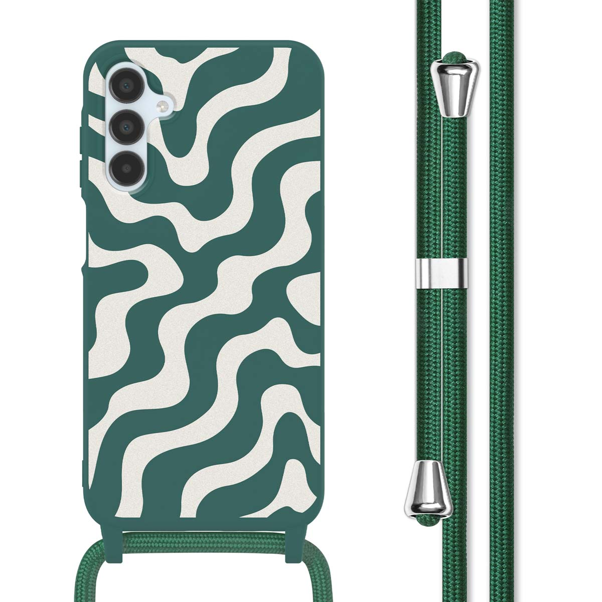 Groene telefoonhoes met wit golfpatroon en een groene band. De band heeft metalen haken.