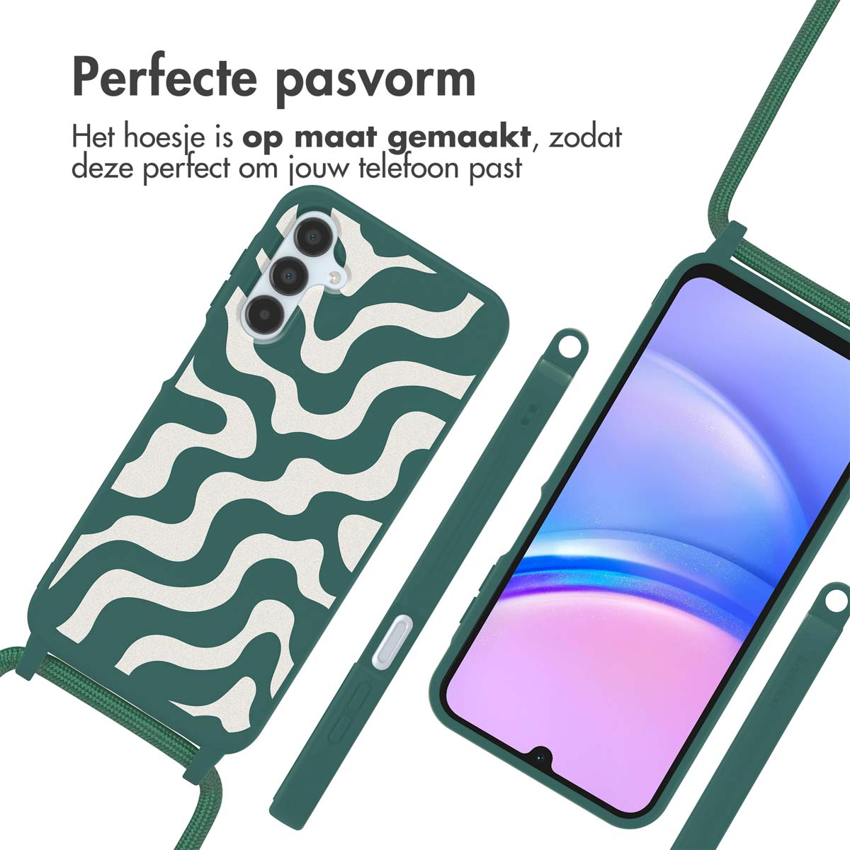 Groene telefoonhoes met een wit golfontwerp. Telefoon en band zijn groen.
