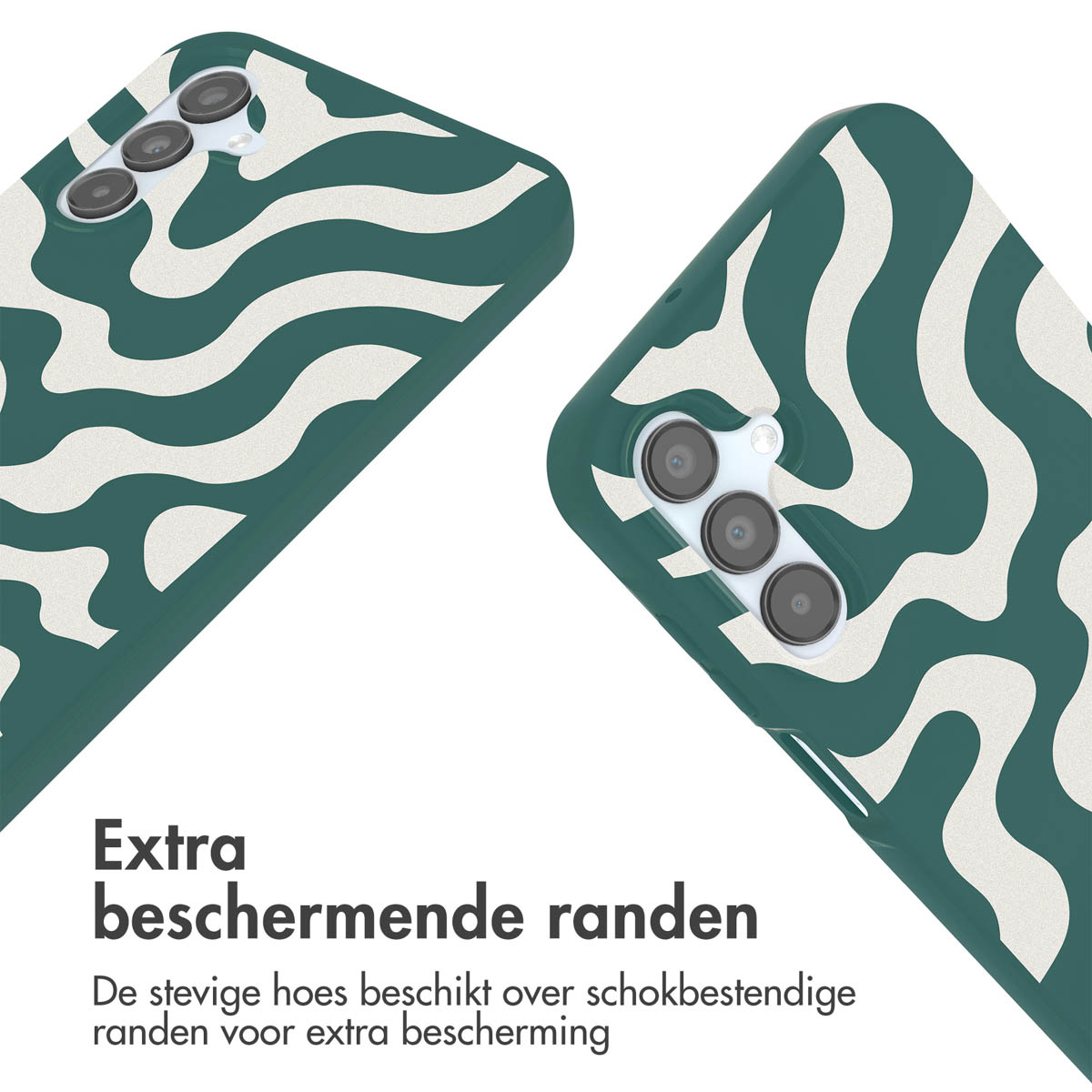Twee telefoonhoesjes met een wit golfpatroon op een groene achtergrond. Tekst over extra bescherming. Witte achtergrond.