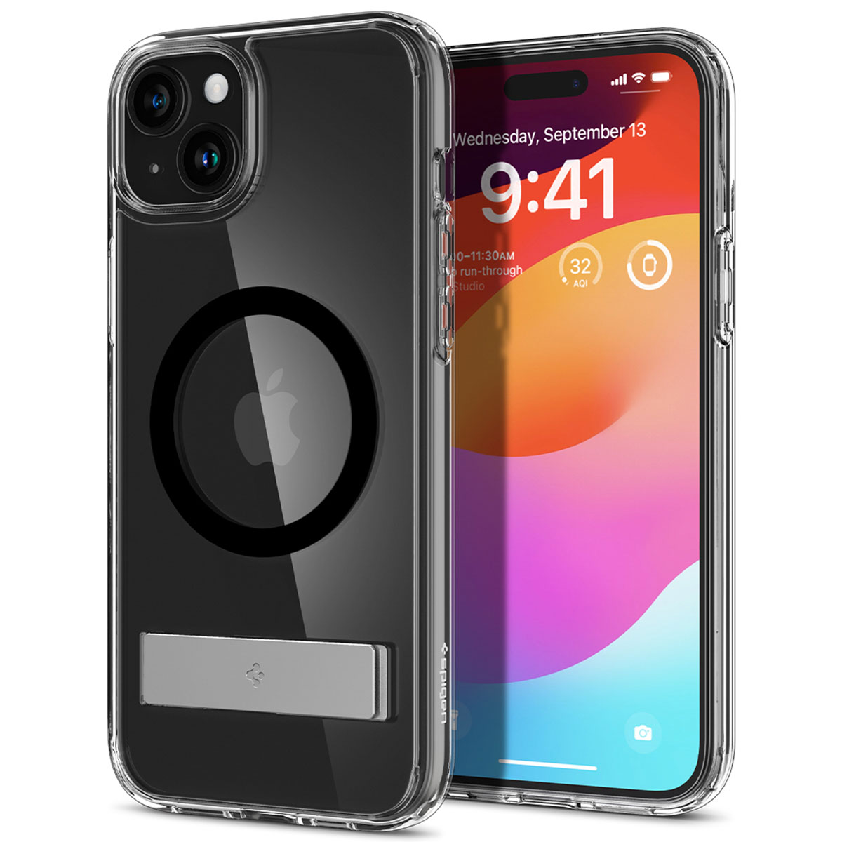 Telefoon met een doorzichtige hoes, metalen standaard en een MagSafe-cirkel. Het scherm toont een kleurrijke interface.