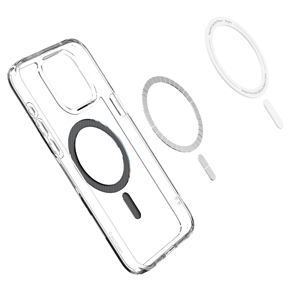 Transparante telefoonhoes met een magnetische ring en een telefoon erin. De telefoon heeft een zwarte cirkel.