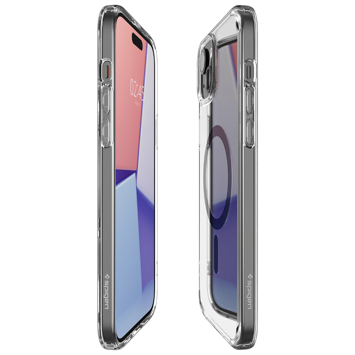 Two clear phone cases with a phone inside. One shows the side, the other the screen.