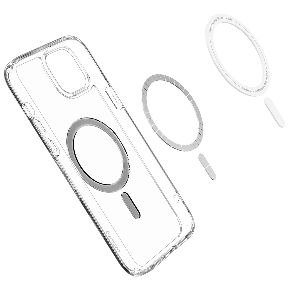 Clear phone case with a clear magsafe ring. The ring is detached. The case is on a white background.