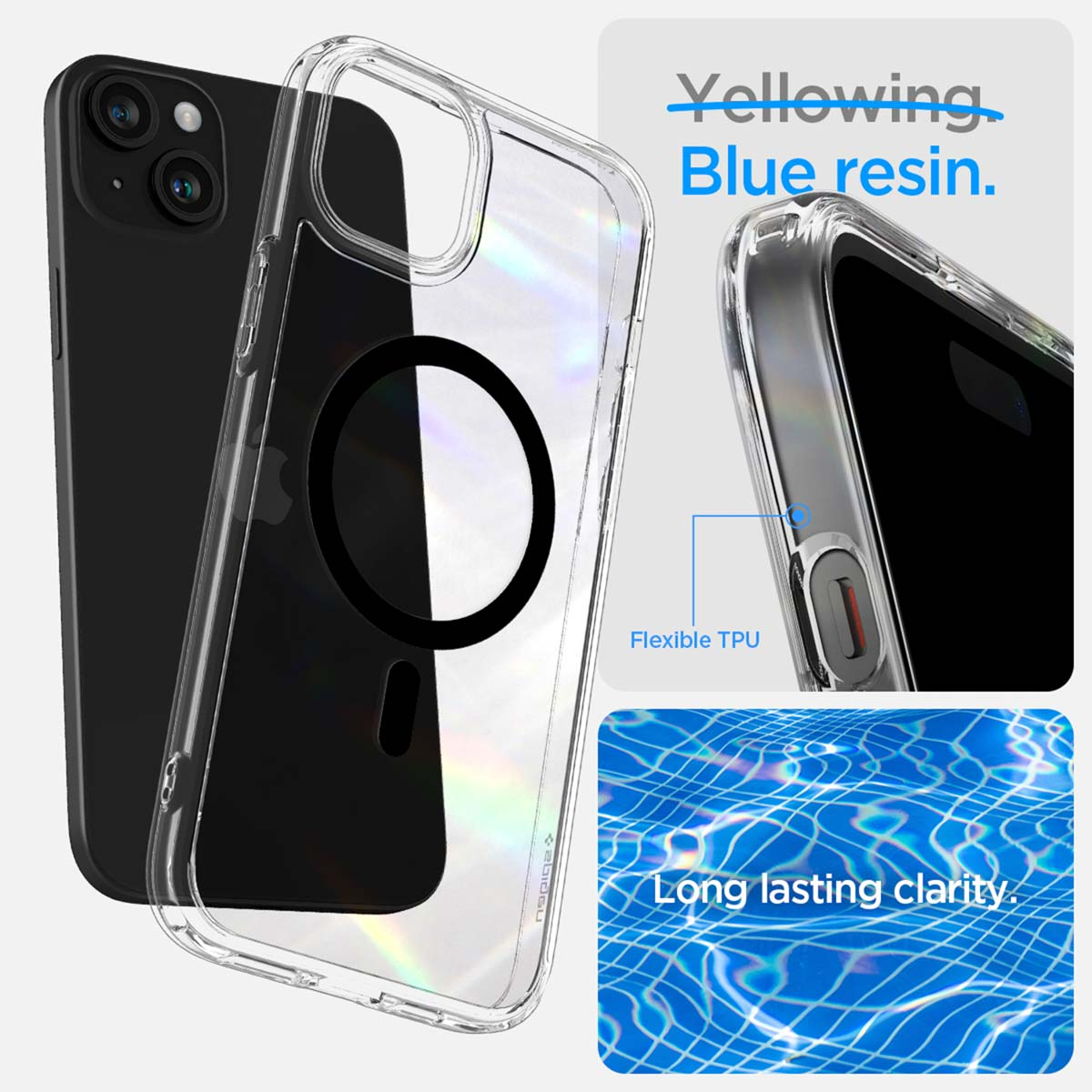 Phone case with black phone inside. Clear, with a black circle. Text about clarity.