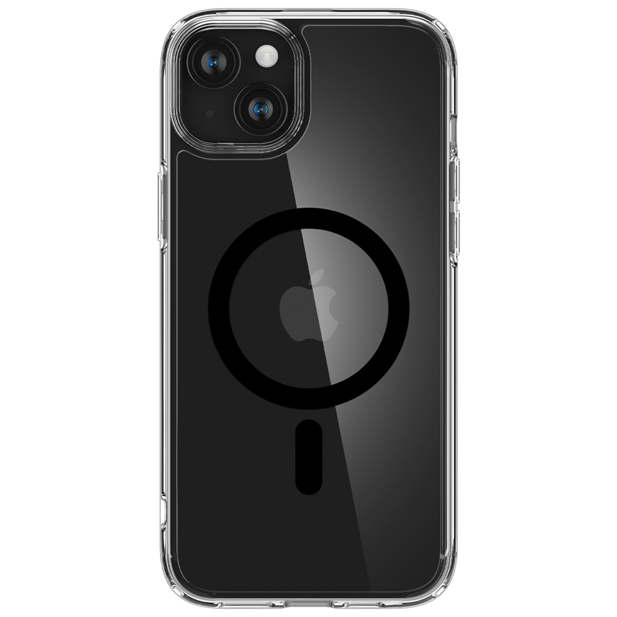 Clear phone case with a black circle and Apple logo, with black background.