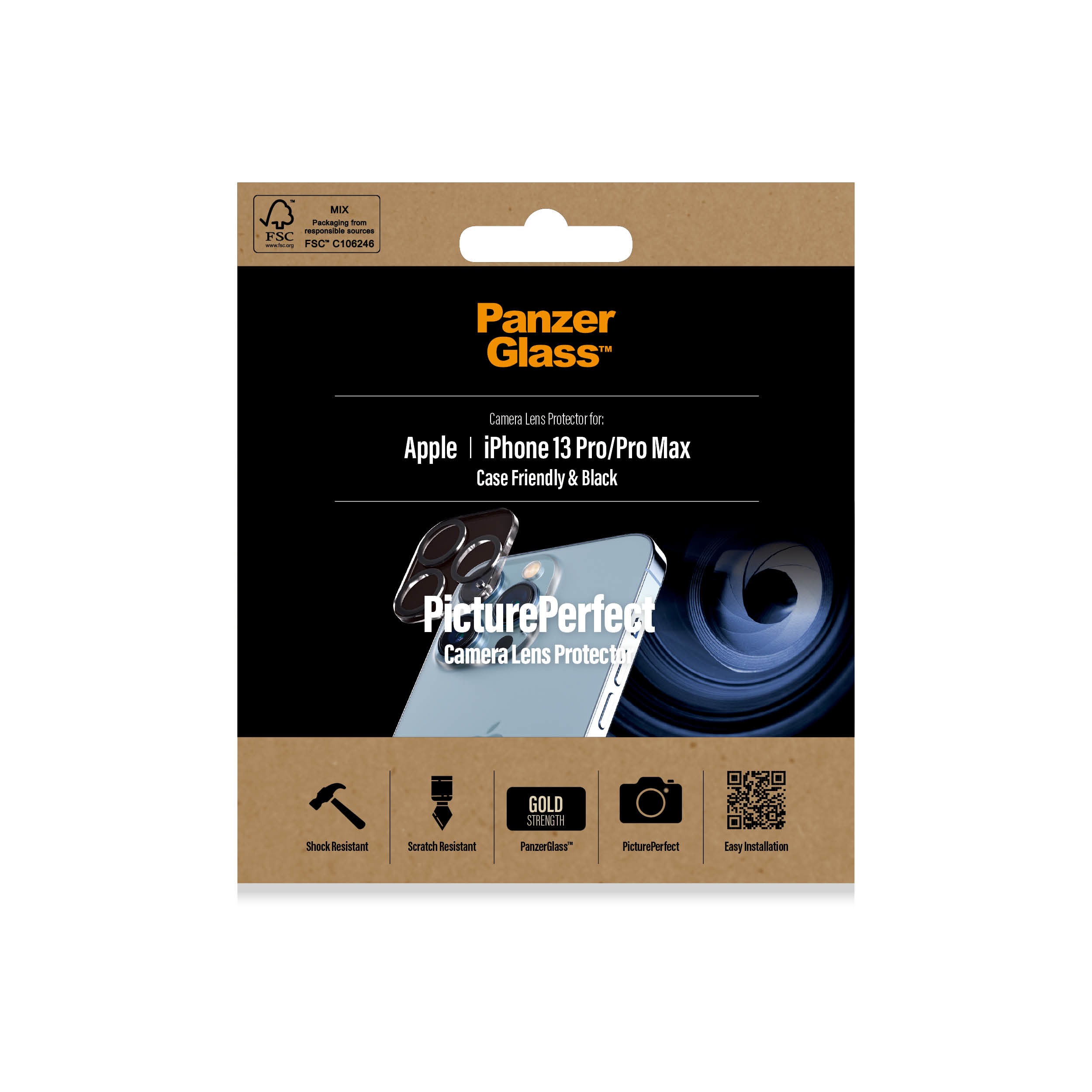 Verpakking voor Panzer Glass, cameralensbeschermer. Toont het product en functies zoals krasbestendigheid.