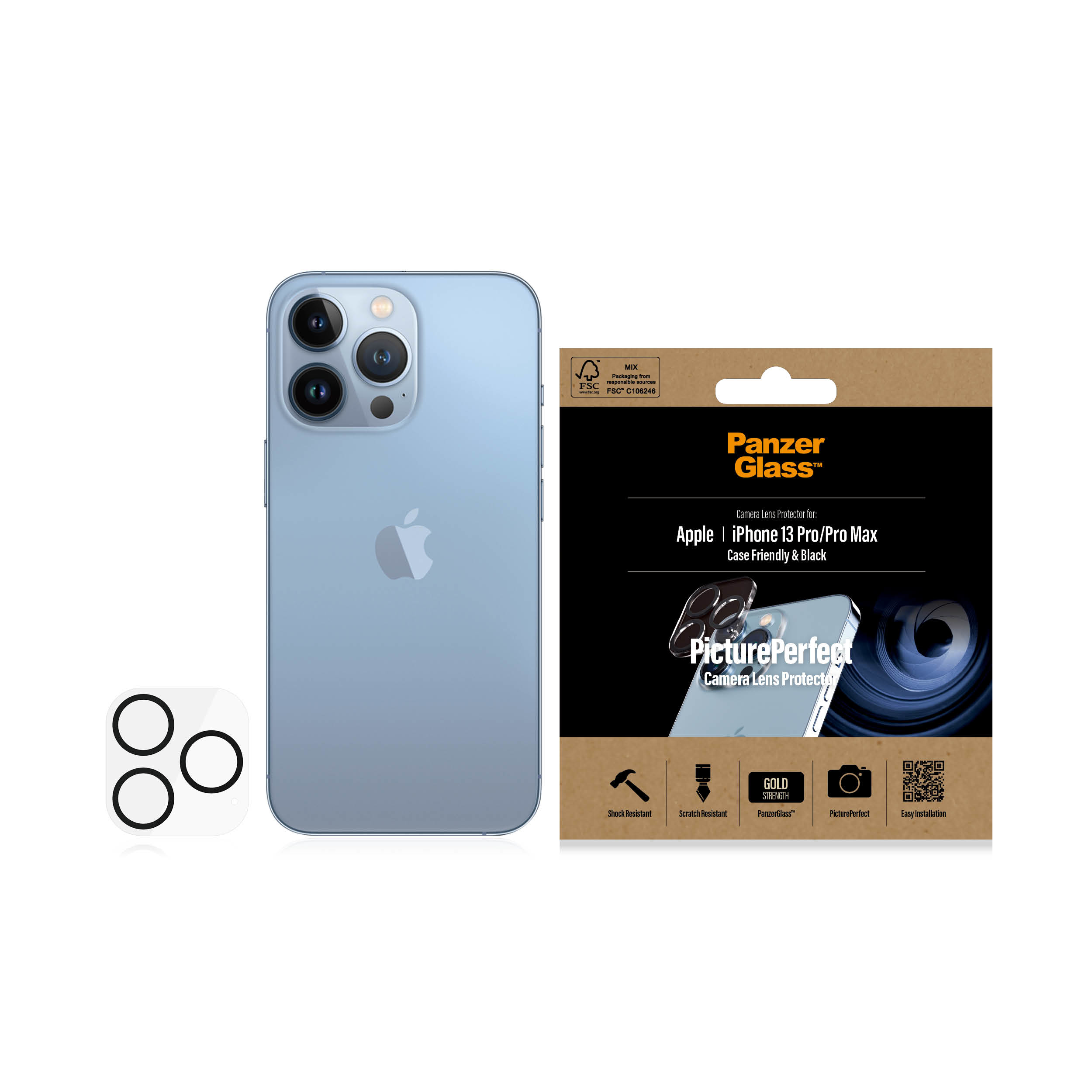 iPhone 13 Pro Max met cameralensbeschermer en extra lensbeschermers.