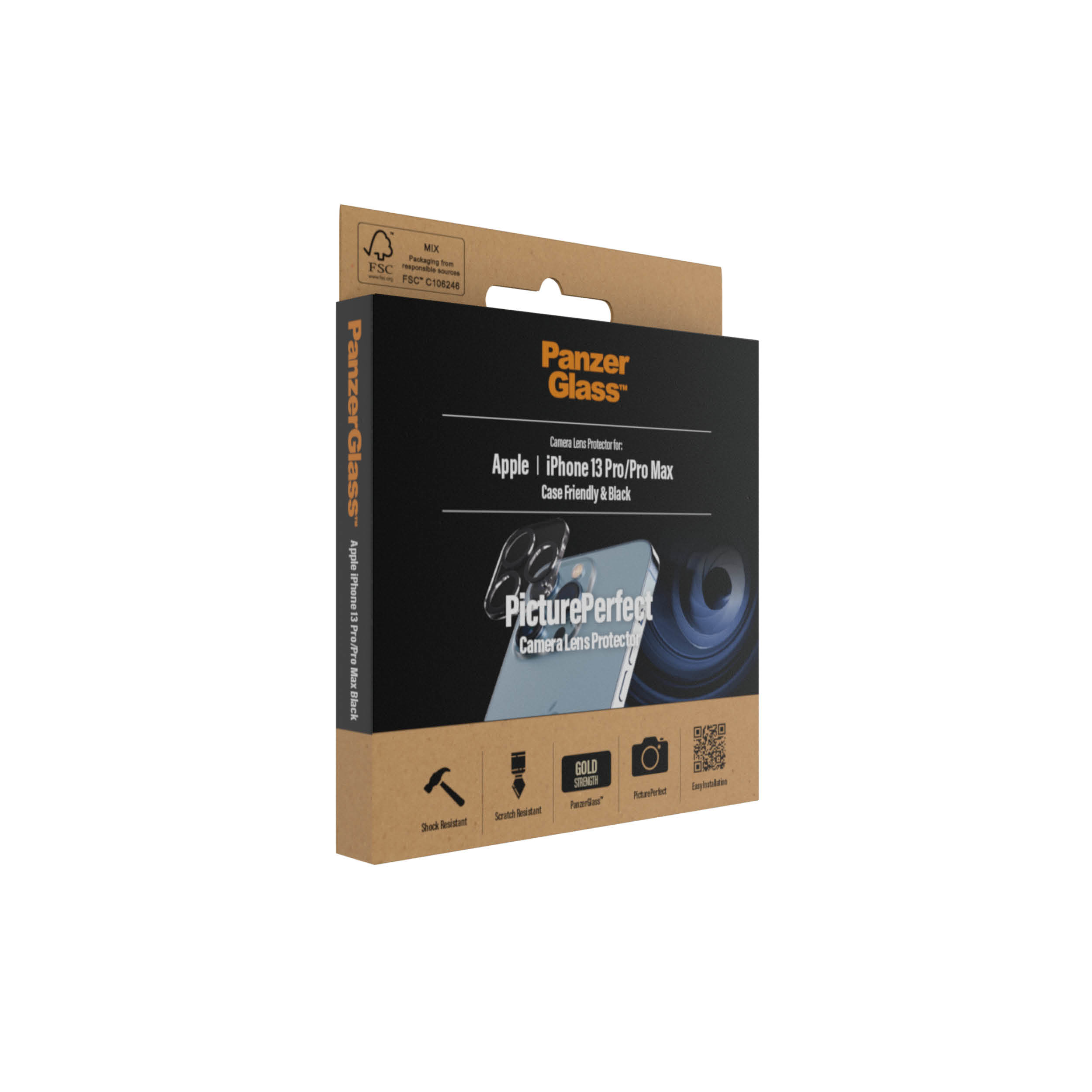 Een doos met PanzerGlass cameralensbeschermer. De doos is bruin en toont de productnaam en kenmerken.