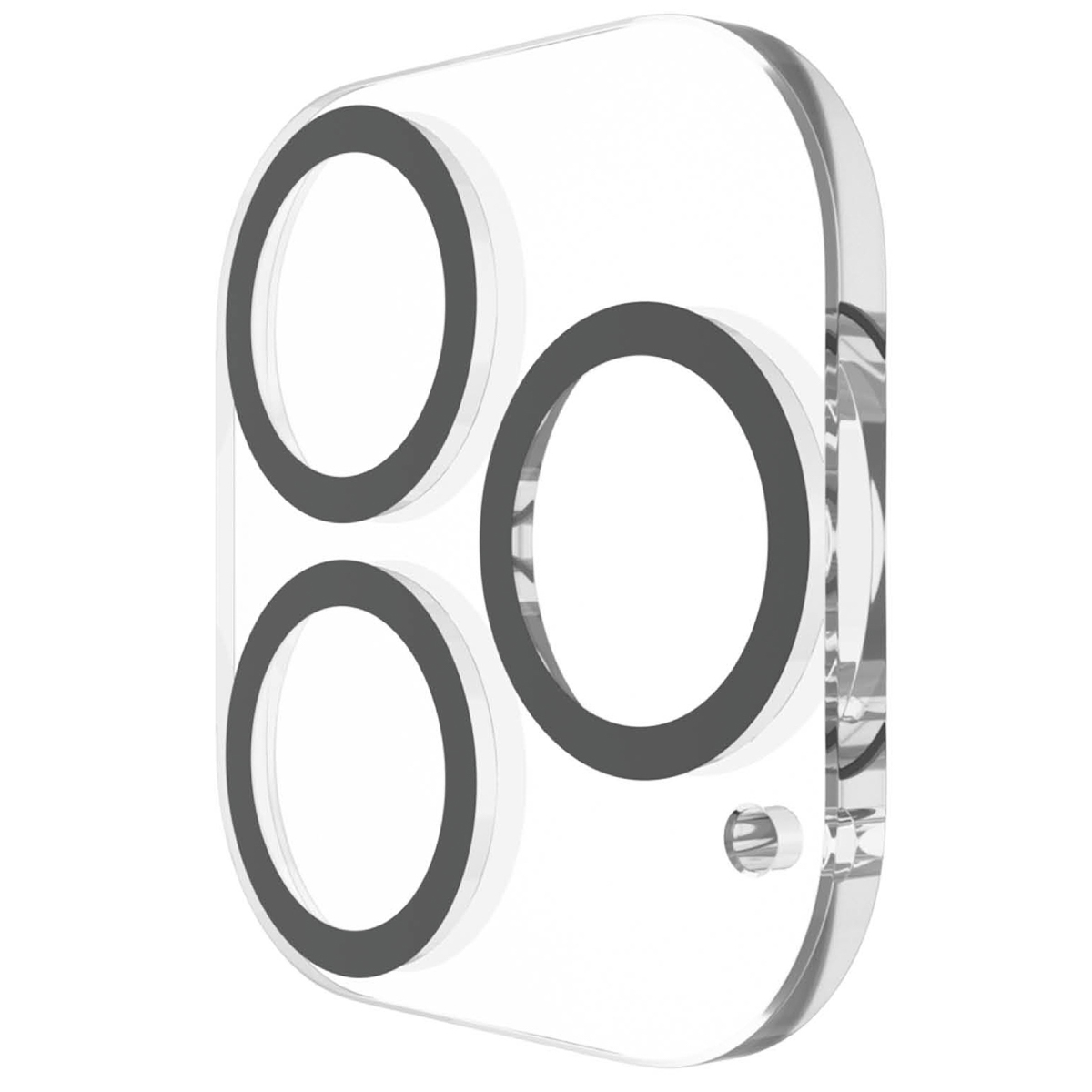Transparante lensbeschermer, close-up. Het heeft cirkelvormige zwarte omtrekken voor cameralenzen.