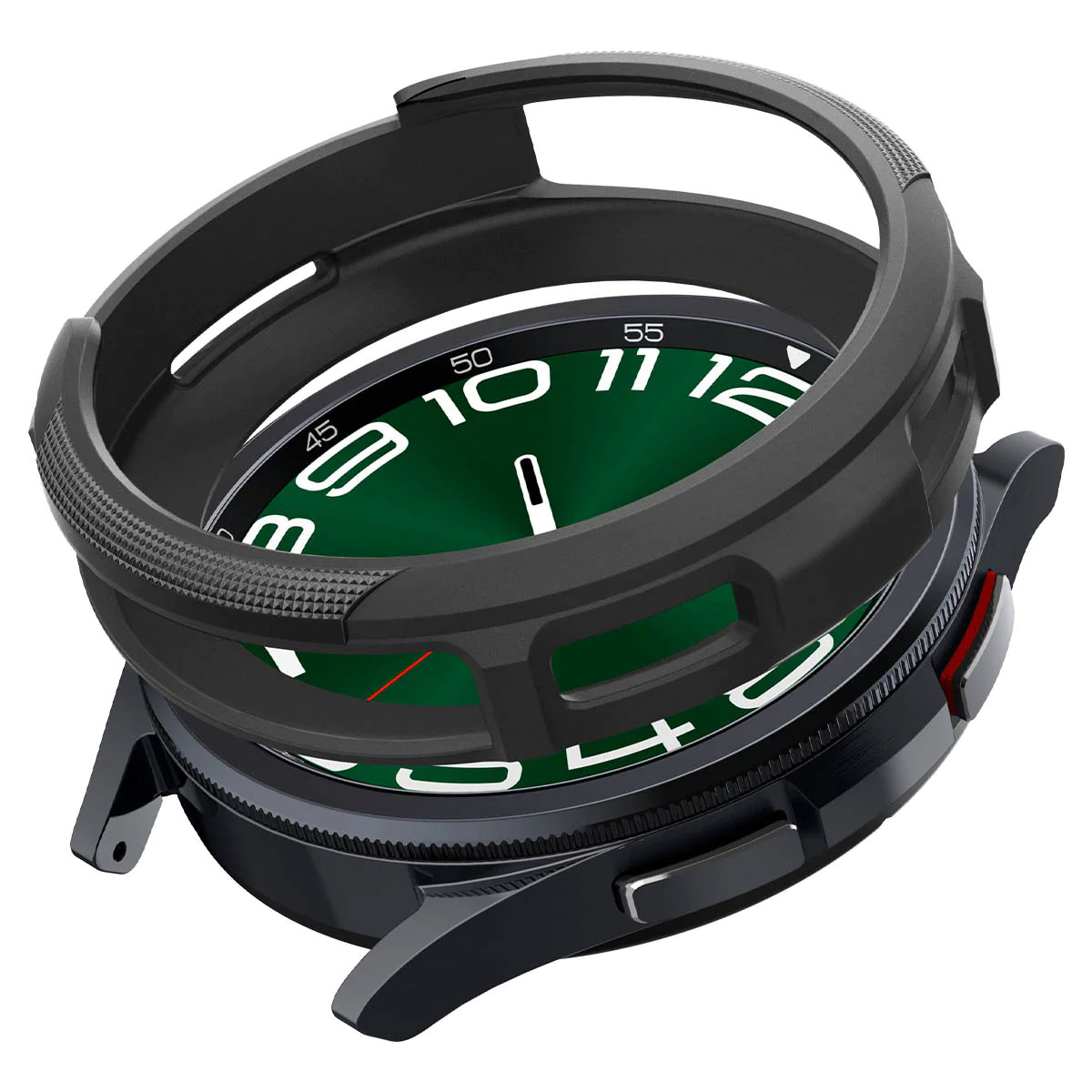 Czarna obudowa zegarka wokół zegarka z zieloną tarczą. Czarne tło. Wyświetlane są liczby 0-55.