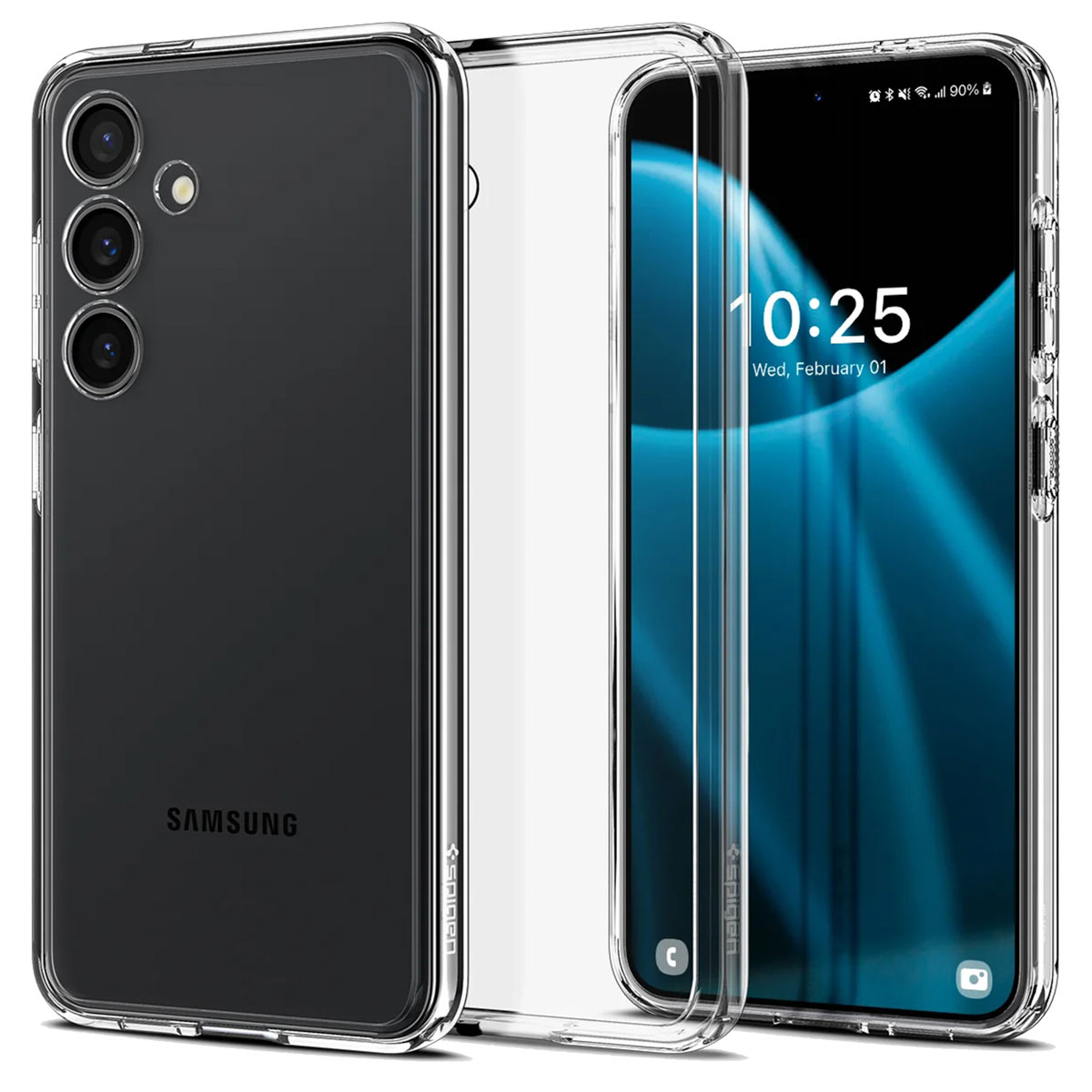 Samsung telefoon met doorzichtige hoes, toont scherm met blauw patroon en datum.