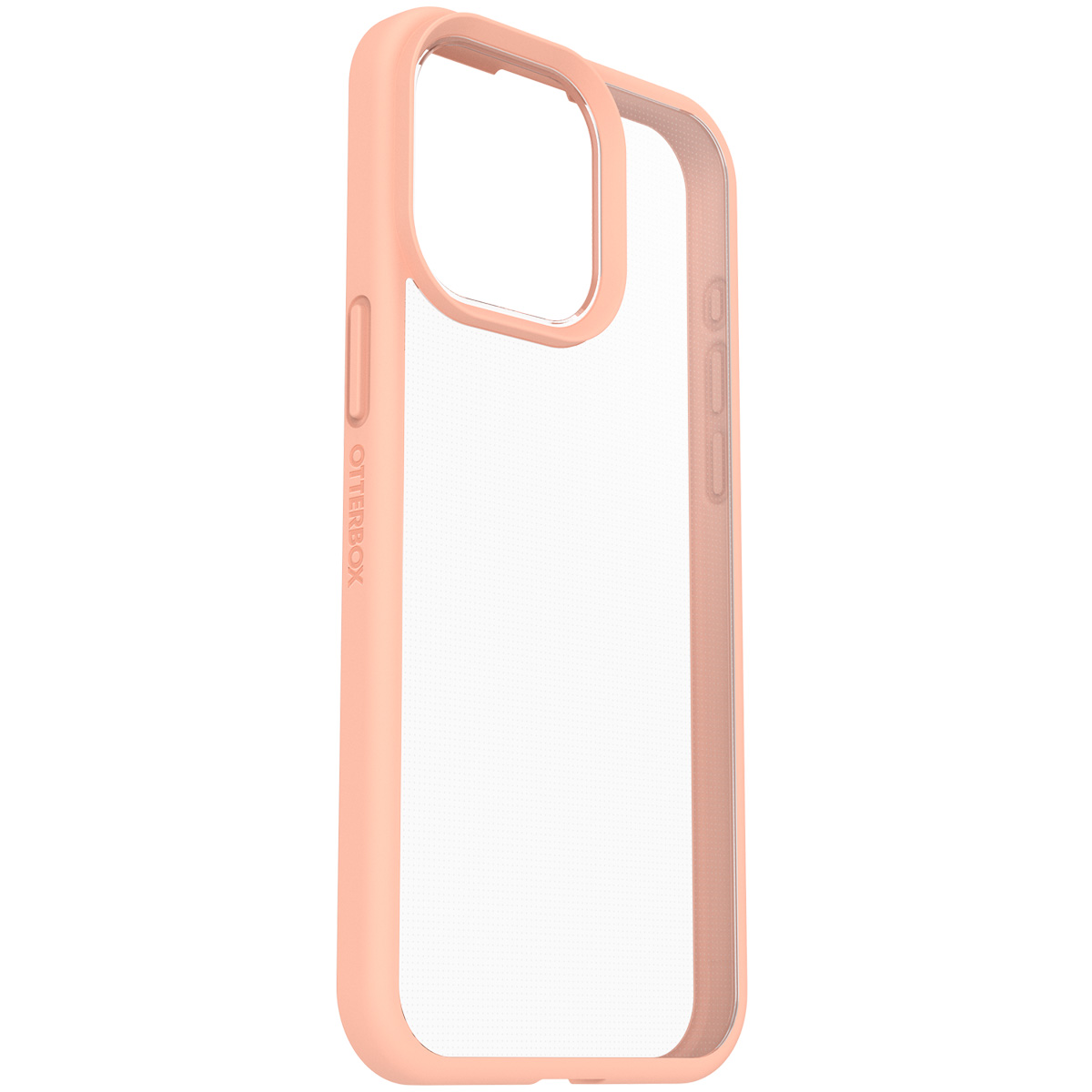 Coque de téléphone rose, transparente au milieu. Montre le téléphone à l'intérieur. Bordure transparente.