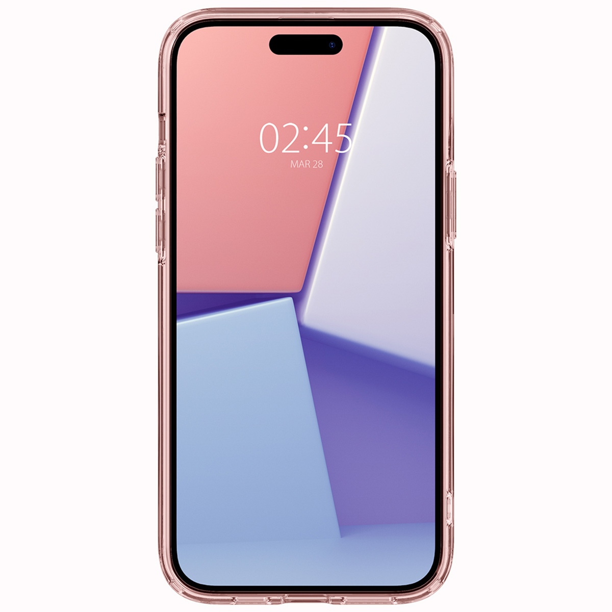 Roségouden telefoon met een doorzichtige hoes, voorkant met scherm, tijd en achtergrond.
