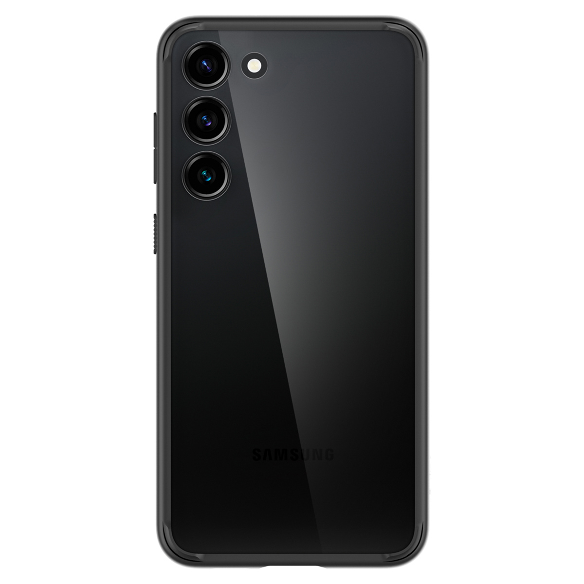 Schwarzes Smartphone, drei Kameralinsen. Die Rückseite des Telefons ist glänzend.